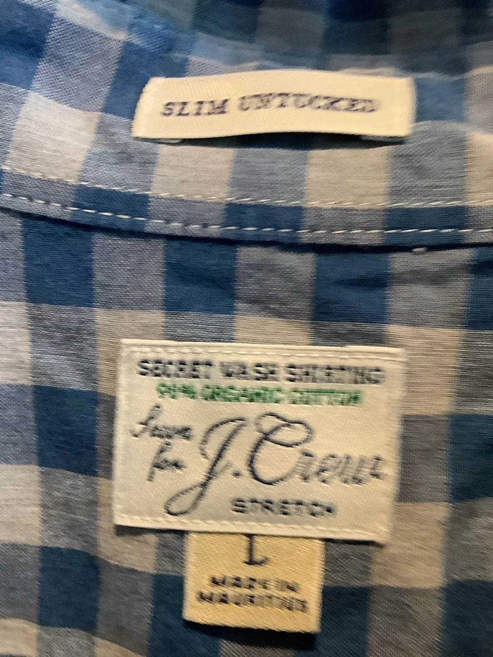 J. Crew Blue and White Gingham Button-Down Shirt, slim, untucked